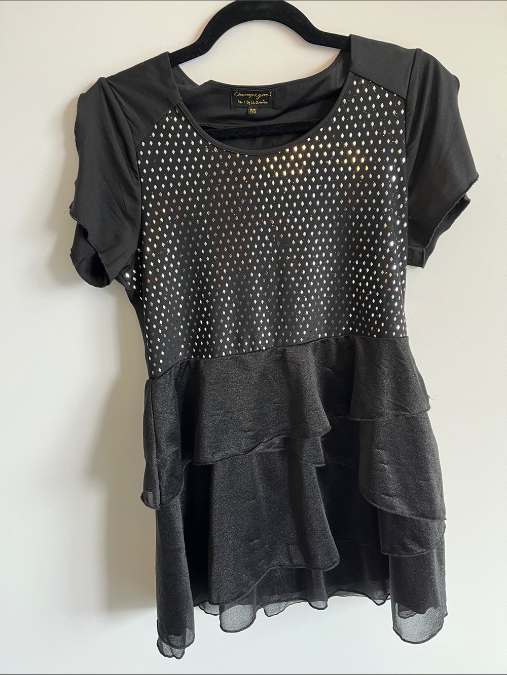 Champagne Black Short Sleeve Layered Ruffle Top with Metallic Studs